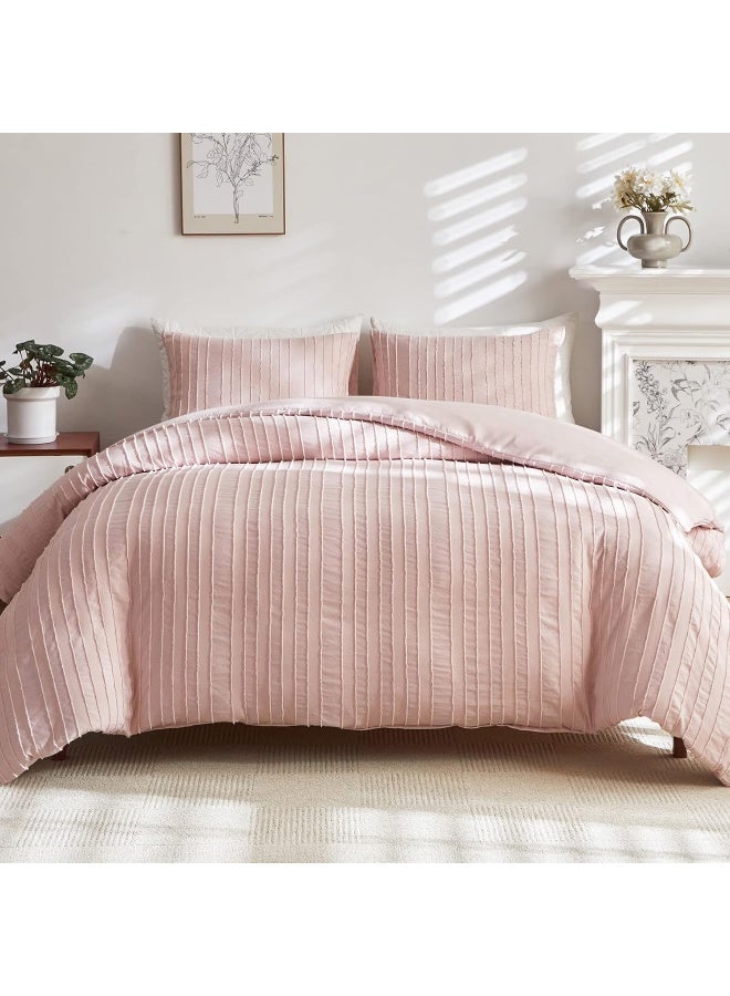 WARMDERN Pink Tufted Duvet Cover Set Queen Size, Striped Textured Duvet Cover Boho Bedding Set, 3 Pcs Ultra Soft Washed Microfiber Duvet Cover with Zipper Closure (Queen, Pink) - Image 1